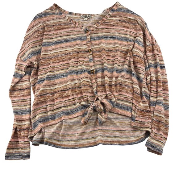 One World Striped Button-Front Top L Polyester/Spandex Blend - Picture 1 of 5